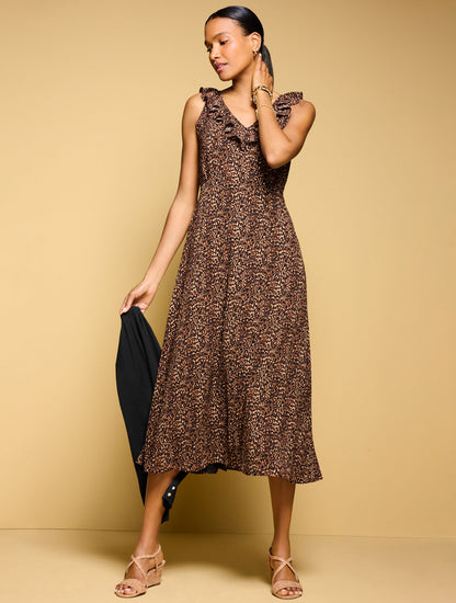 Talbots FIT & FLARE RUFFLE MIDI DRESS - DELICATE LEOPARD