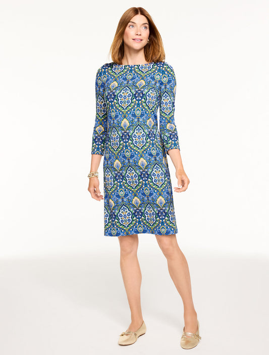 Talbots EFFORTLESS JERSEY BUTTON SHOULDER SHIFT DRESS - BOTANICAL MEDALLION