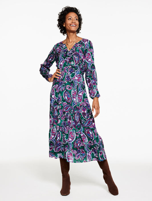 Talbots FIT & FLARE RUFFLE DRESS - PICCADILLY PAISLEY