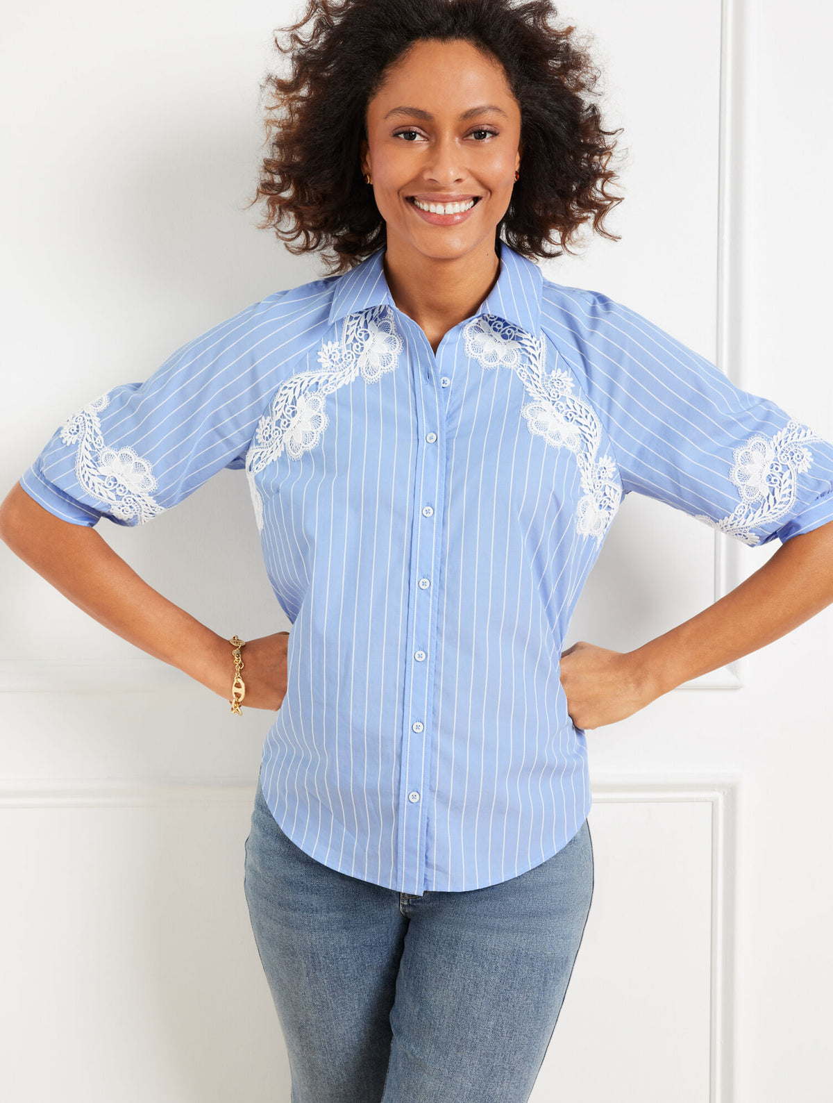 Talbots LACE TRIM POPLIN SHIRT - CRISP STRIPE