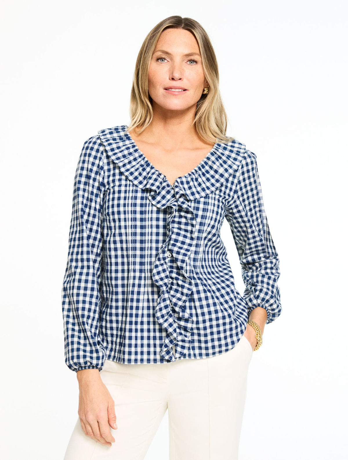 Talbots PINTUCK RUFFLE TRIM TOP - REGENT CHECK