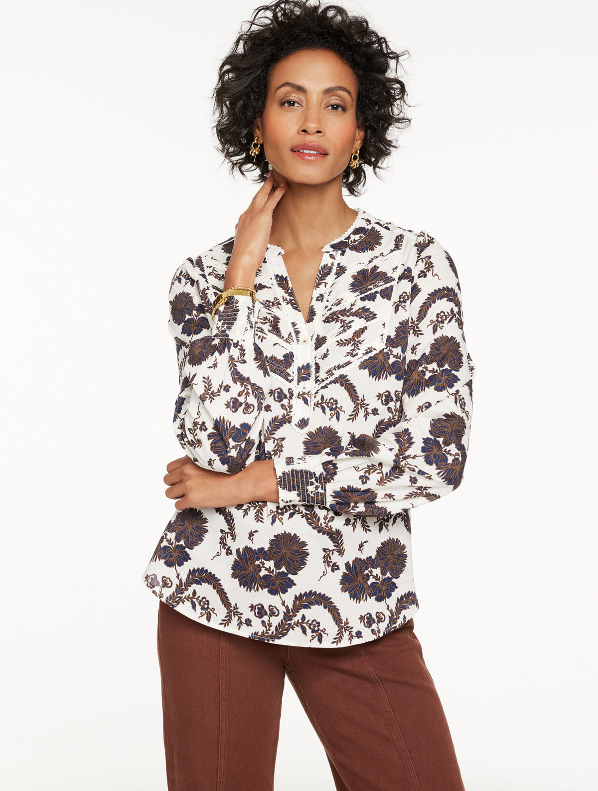 Talbots LACE TRIM PINTUCK TOP - CLIMBING CHRYSANTHEMUMS