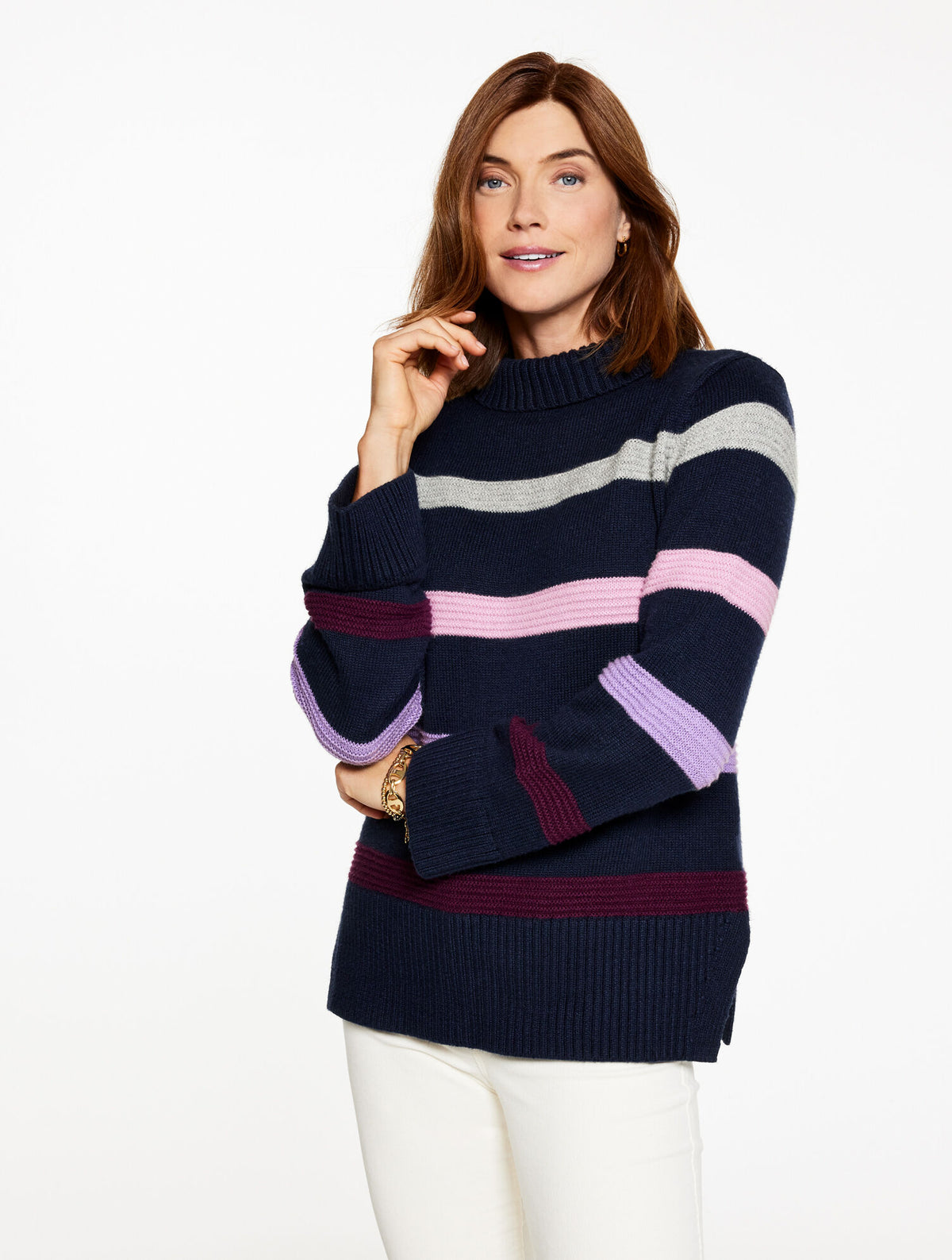 Talbots SOFT CABLE KNIT MOCKNECK SWEATER - MULTI STRIPE
