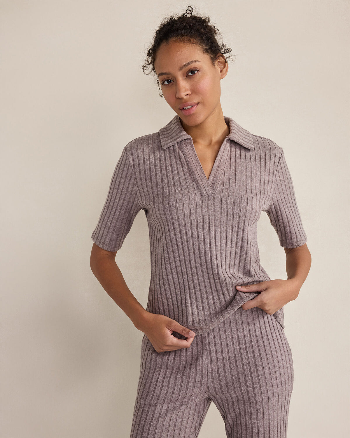 Talbots WIDE RIB KNIT JOHNNY COLLAR TOP