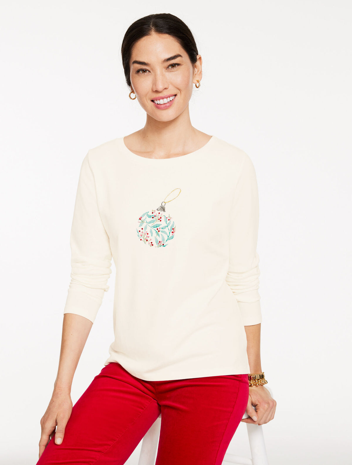Talbots ORNAMENT LONG SLEEVE CREWNECK TEE