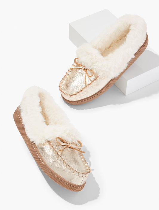 Talbots CLEO METALLIC PEBBLE LEATHER FAUX FUR MOCCASINS