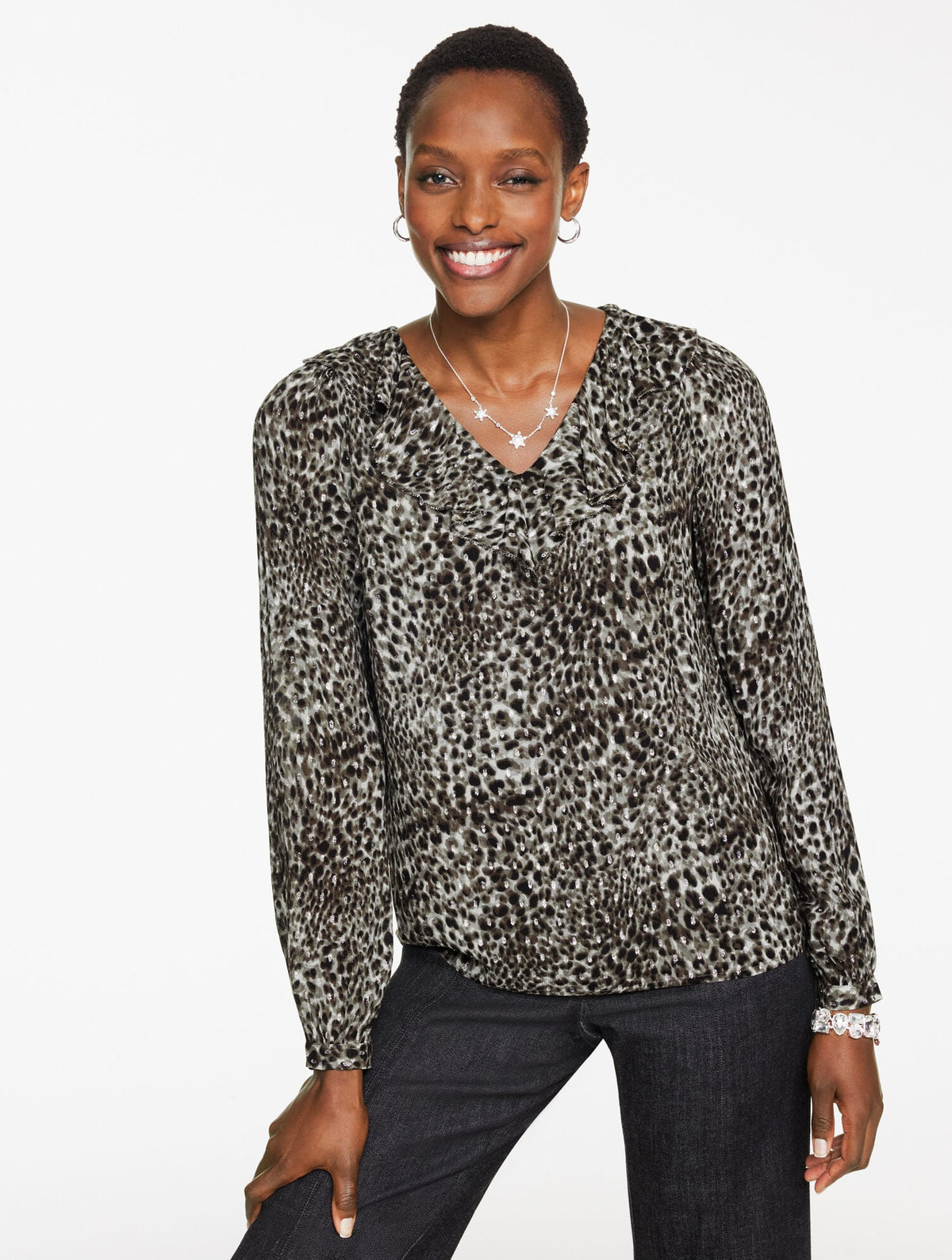 Talbots METALLIC V-NECK TOP - SWIRLY LEOPARD