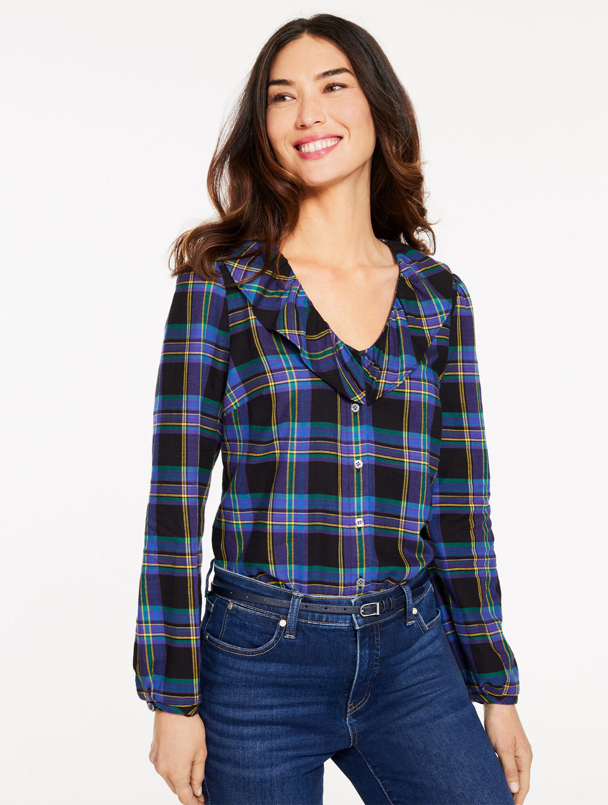 Talbots RUFFLE BUTTON FRONT TOP - WISHFUL PLAID