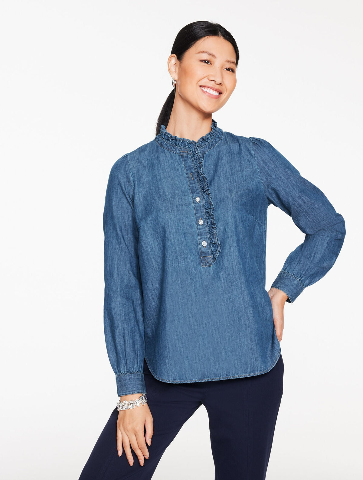 Talbots RUFFLE NECK DENIM POPOVER