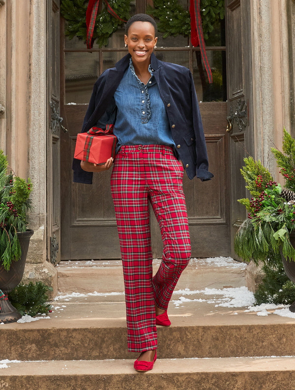 Talbots RUFFLE NECK DENIM POPOVER