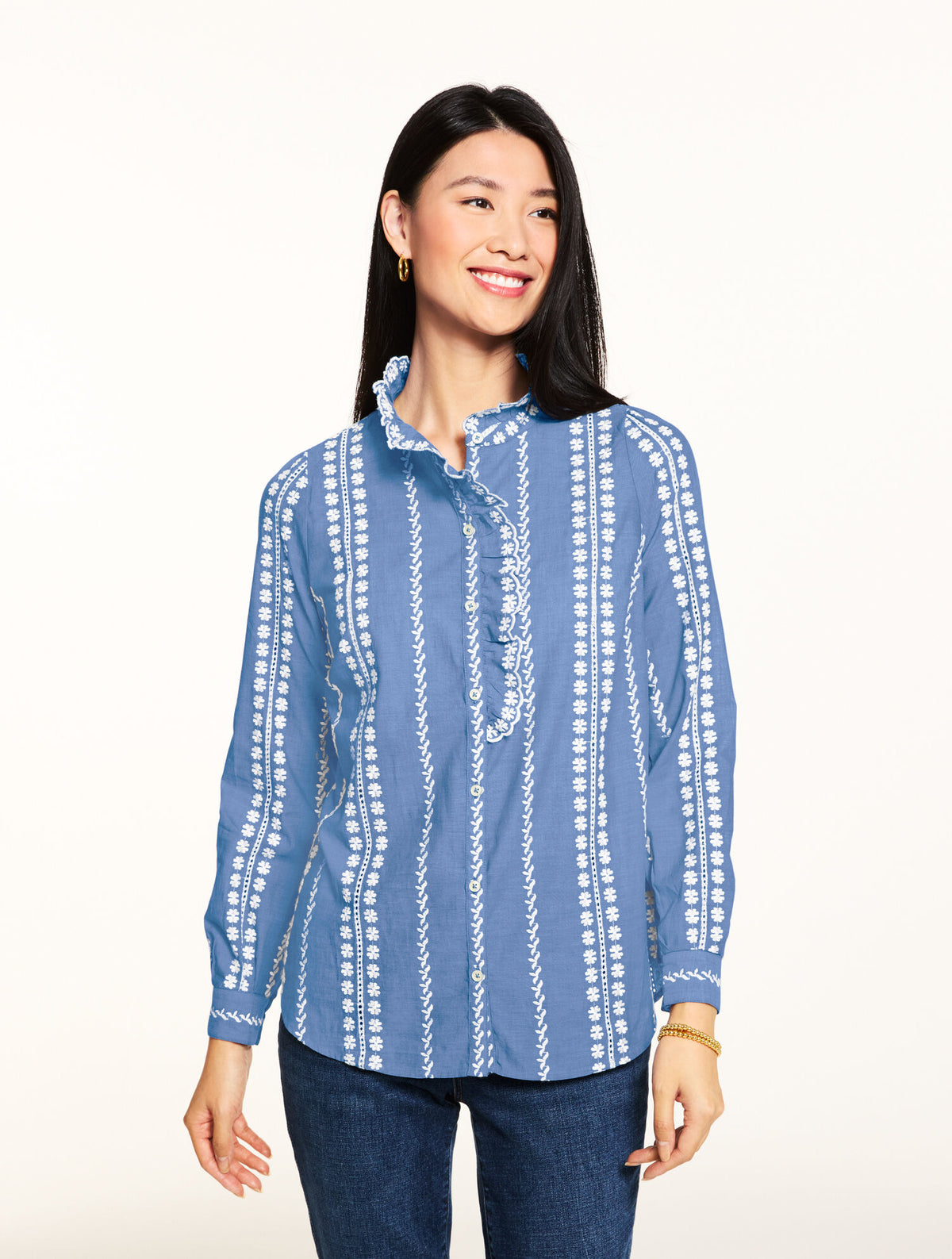 Talbots EMBROIDERED RUFFLE TOP
