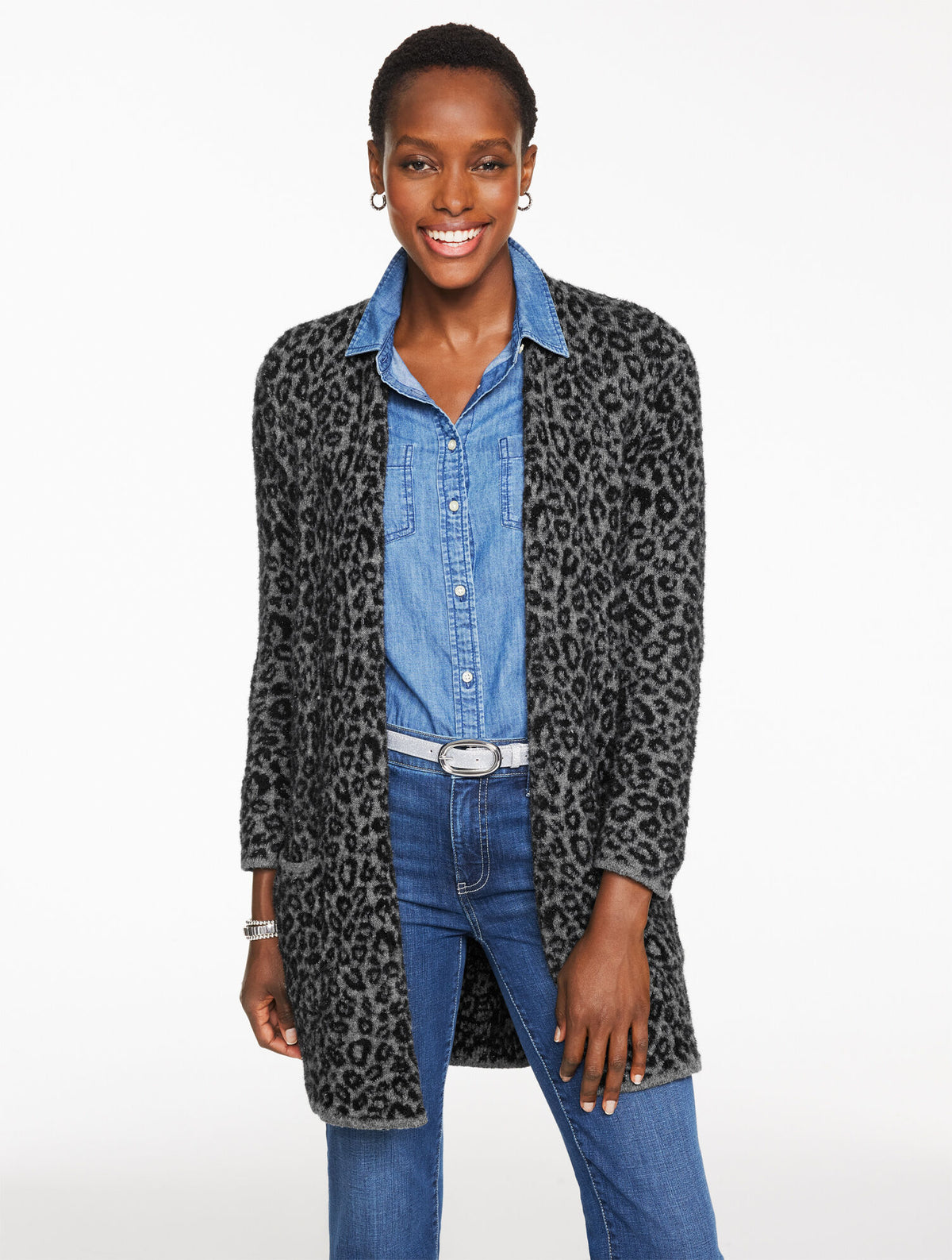 Talbots SNOW LEOPARD JACQUARD CARDIGAN
