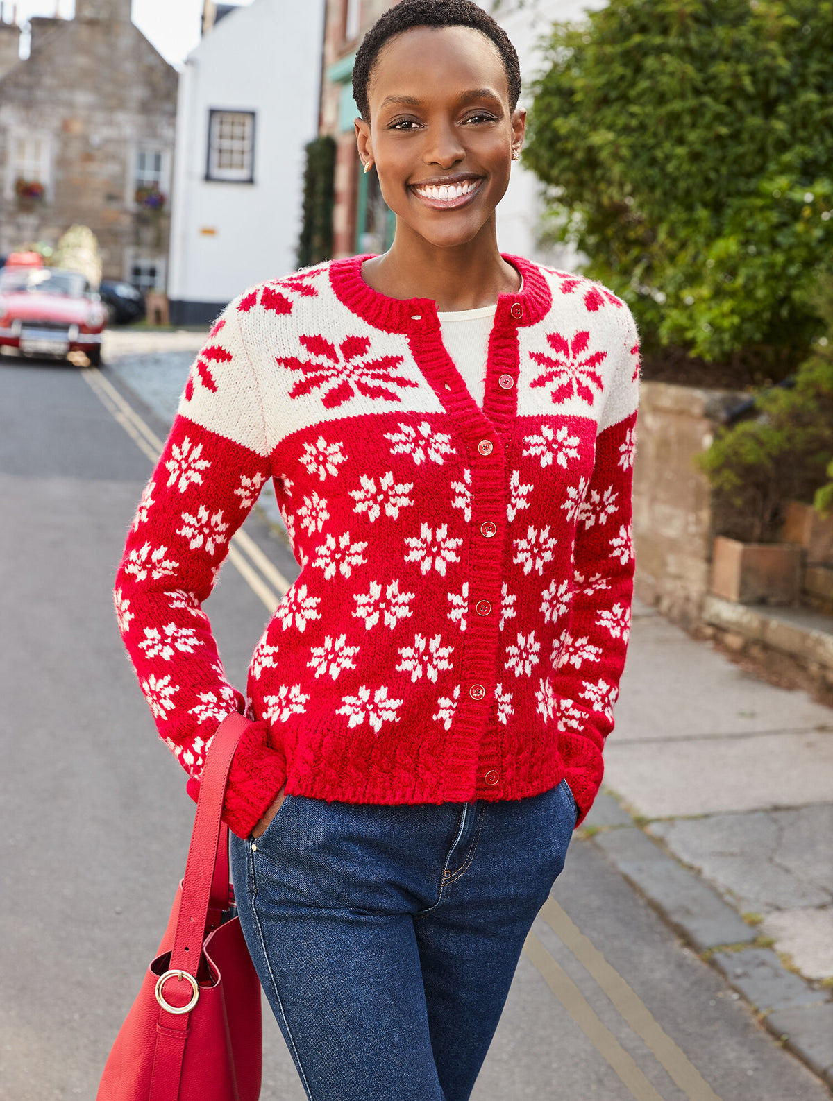 Talbots CREWNECK CARDIGAN - SNOWFLAKE FAIR ISLE
