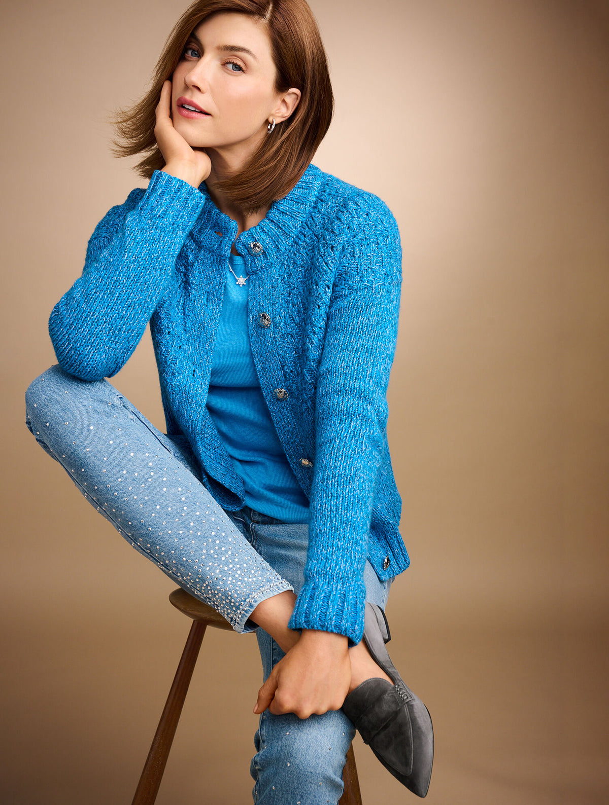 Talbots POINTELLE MOCKNECK CARDIGAN - MARL