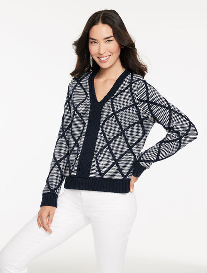 Talbots DIAMOND CABLE V-NECK PULLOVER - STRIPE