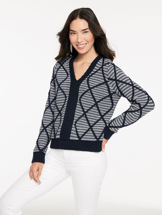 Talbots DIAMOND CABLE V-NECK PULLOVER - STRIPE